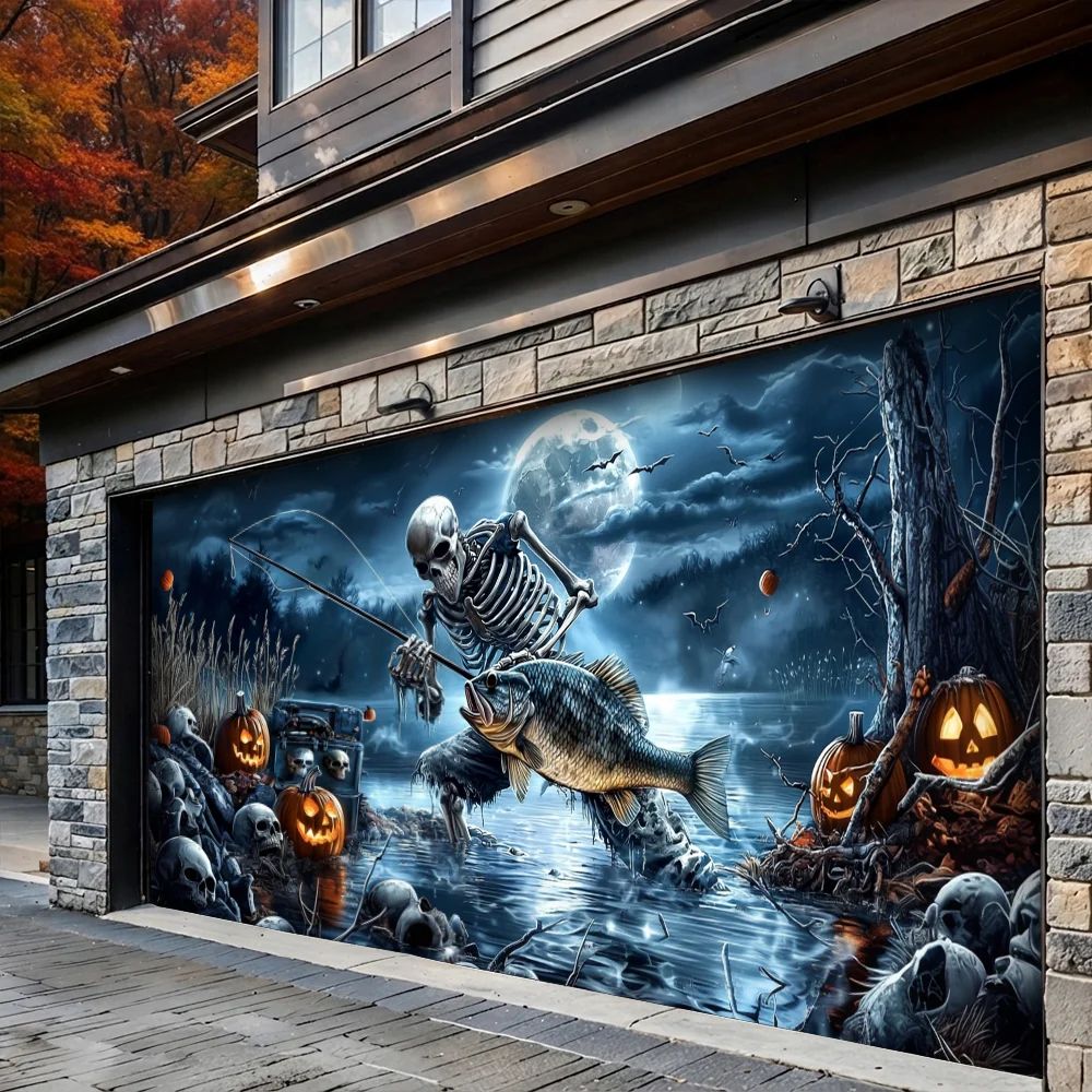 Skeleton Fishing Halloween Garage Door Banner