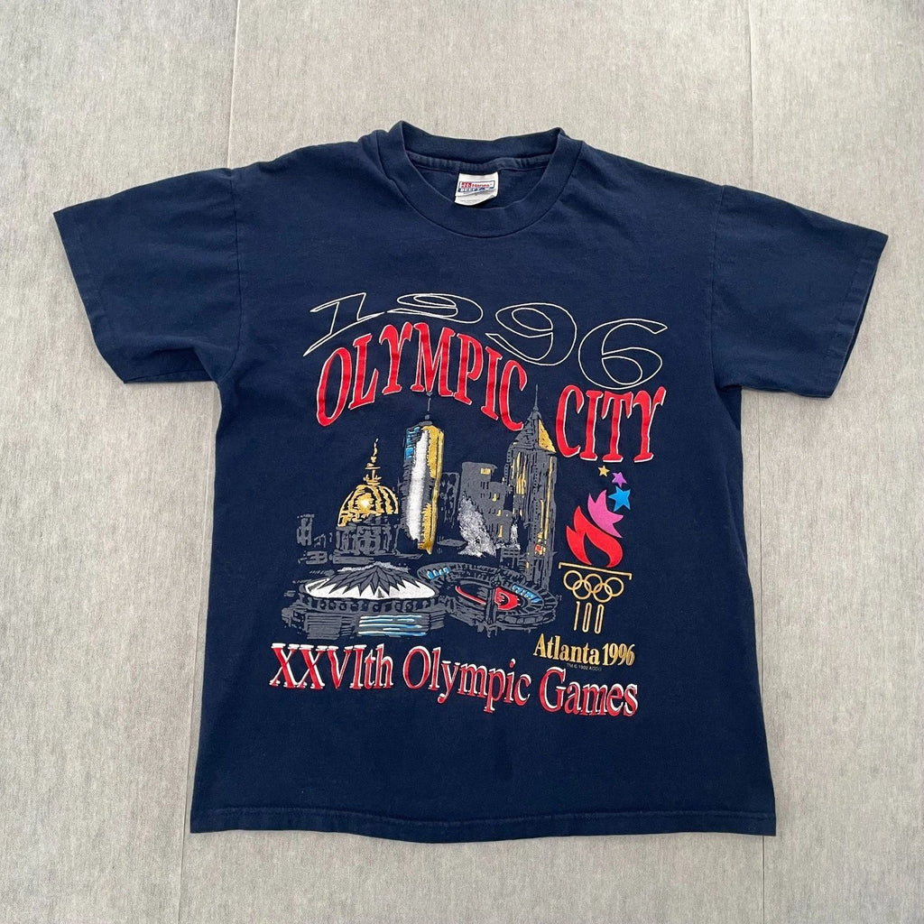 VINTAGE Atlanta Olympics Shirt Adult Medium Blue 1996 Olympic City Logo Mens 90s
