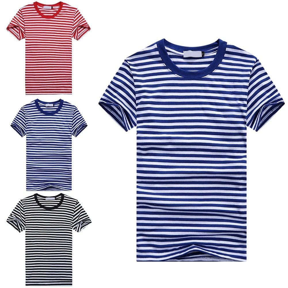 Stylish Sports O Neck Men's T Shirt Blue and White Striped Short Sleeve Top