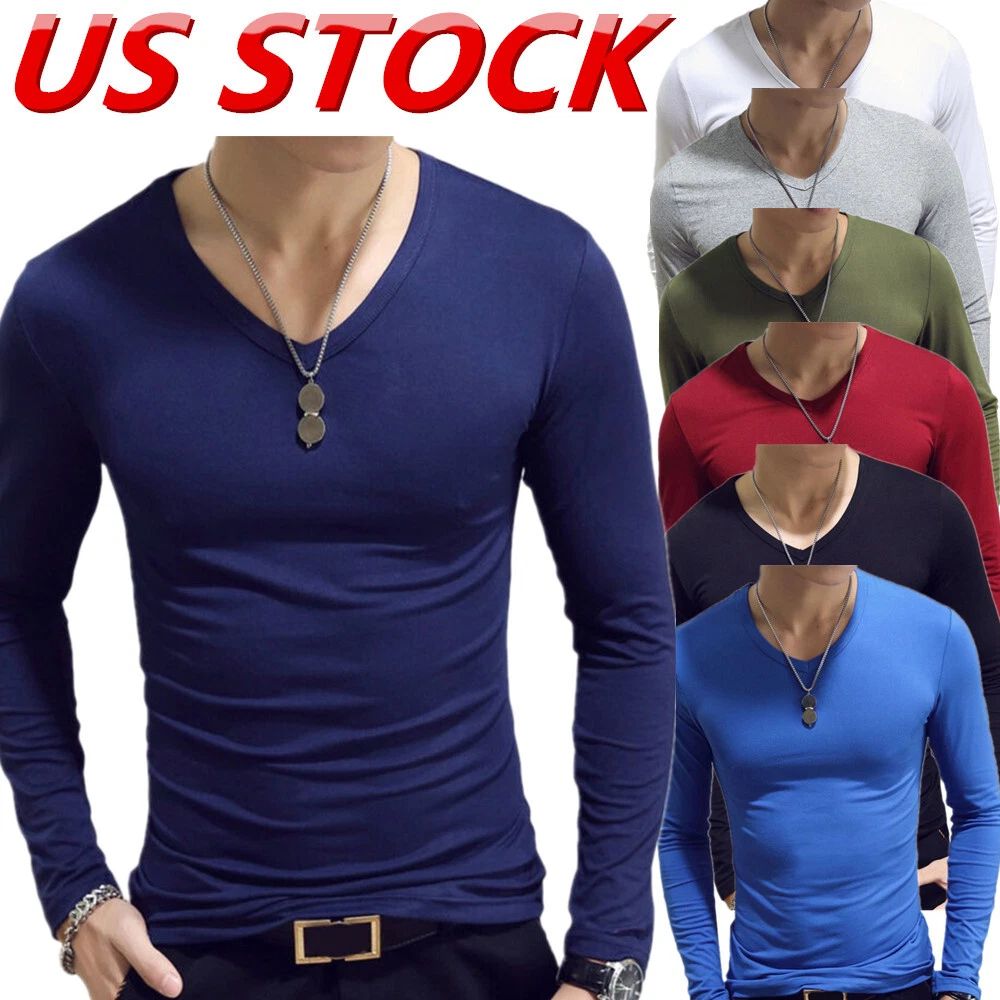 CHICTRY Men V Neck Shirt Muscle Tops Slim Fit Long Sleeve Stretch T-Shirt AU
