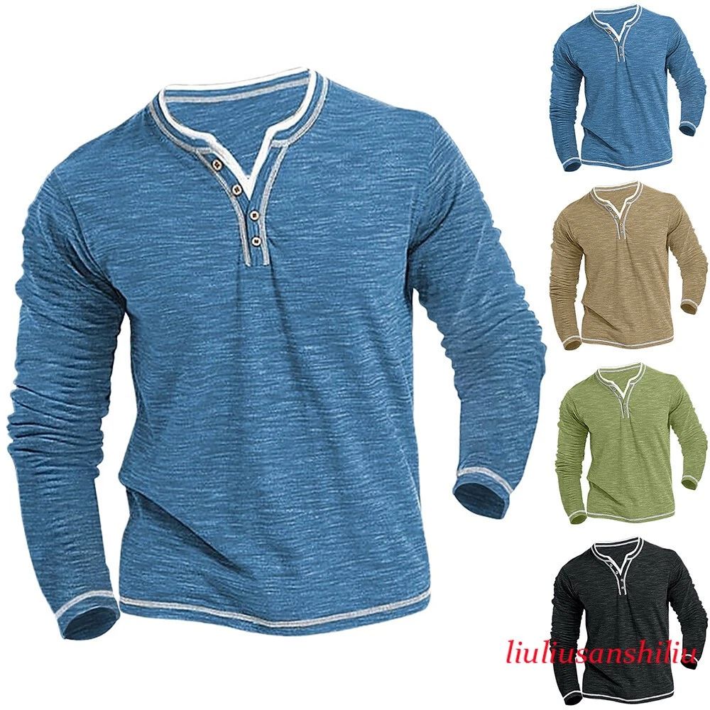 Mens Button Casual Shirts Long Sleeve V Neck Button Tops T-Shirt Blouse