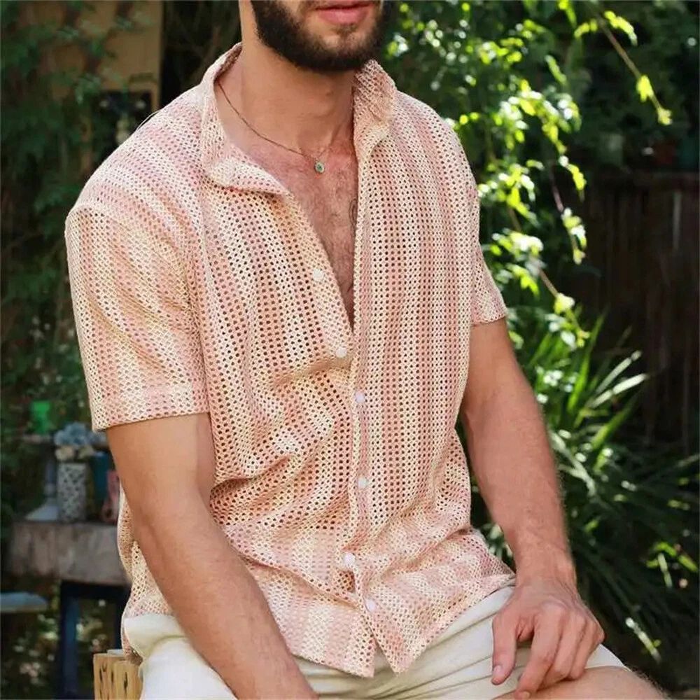 Men's Waffle Shirt Casual Slim Shirts Short Sleeve Button Down Tops Blouse