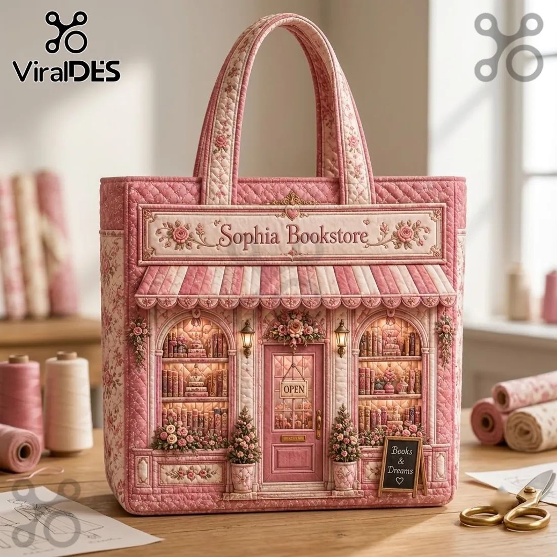 Sophia Bookstore Pink Quilted Book Lover Tote Bag