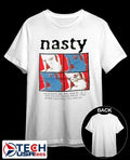 Nasty 1 filthy 2 morally offensive indecent 3 very pleasant Inasty habits 4 an addiction shirt