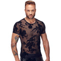 Men’s Mesh See-Through Shirt – Velvet Flocked Floral Pattern – Stretch Club Top