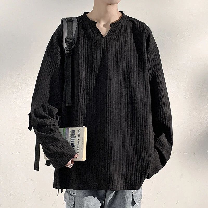 Men Striped Drop Shoulder Long Sleeve T Shirt V Neck Tops Tee Blouse Loose