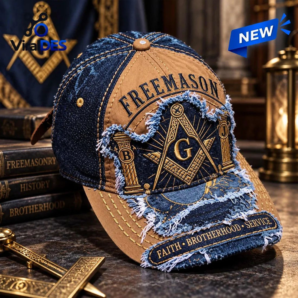 Freemasonry Embroidered Denim Distressed Baseball Cap