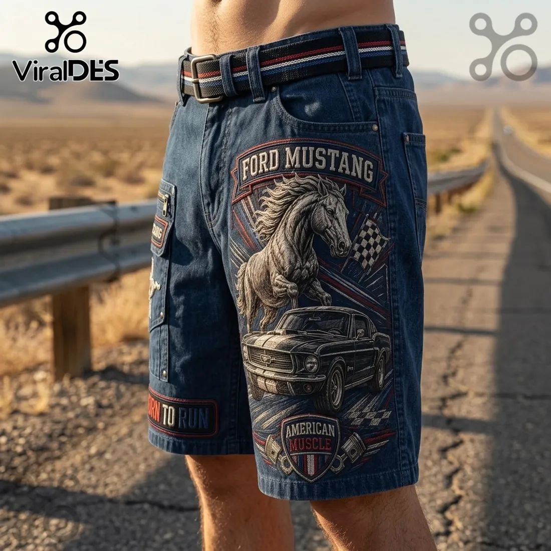 Ford Mustang American Muscle Navy Blue Casual Shorts