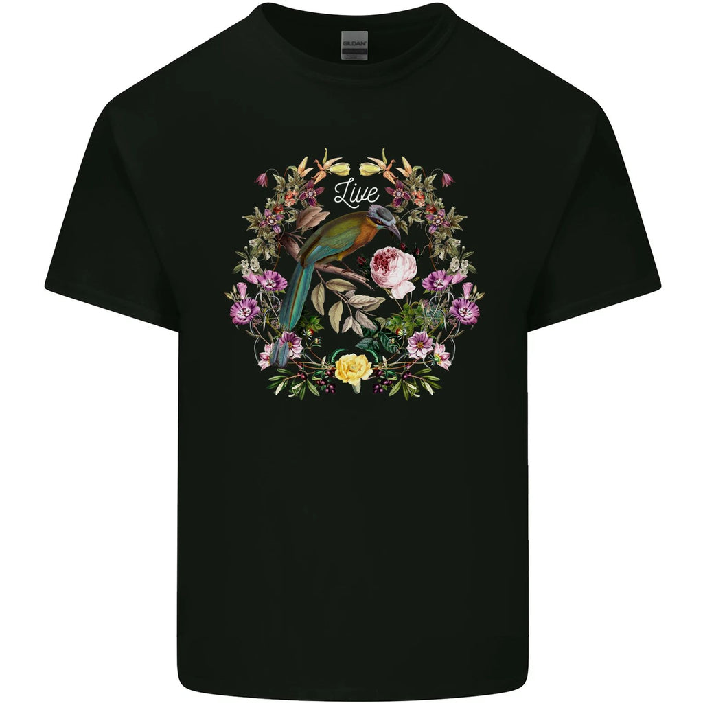 A Bird and Flower Wreath Mens Cotton T-Shirt Tee Top