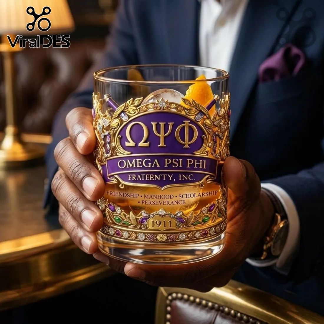 Omega Psi Phi 1911 Gold Trimmed Whiskey Glass