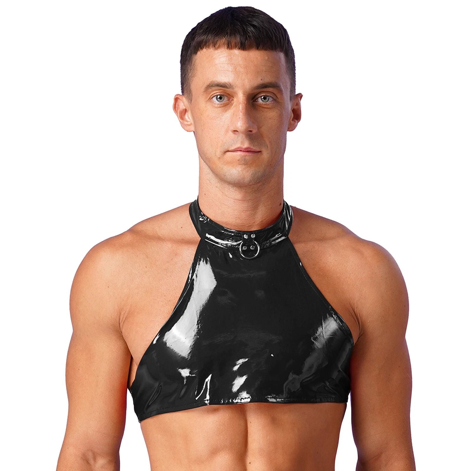 Mens Glossy Cropped Vest Wet Look Patent Leather Crop Top Shirt Tee Dancewear