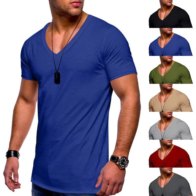 Men Short Sleeve Muscle Tee T-shirt Blouse Solid V Neck Casual Summer Slim Tops