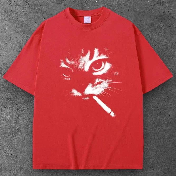 Unisex Cat Cigarette Oversized T Shirt Red Y2K Casual Streetwear S-2XL