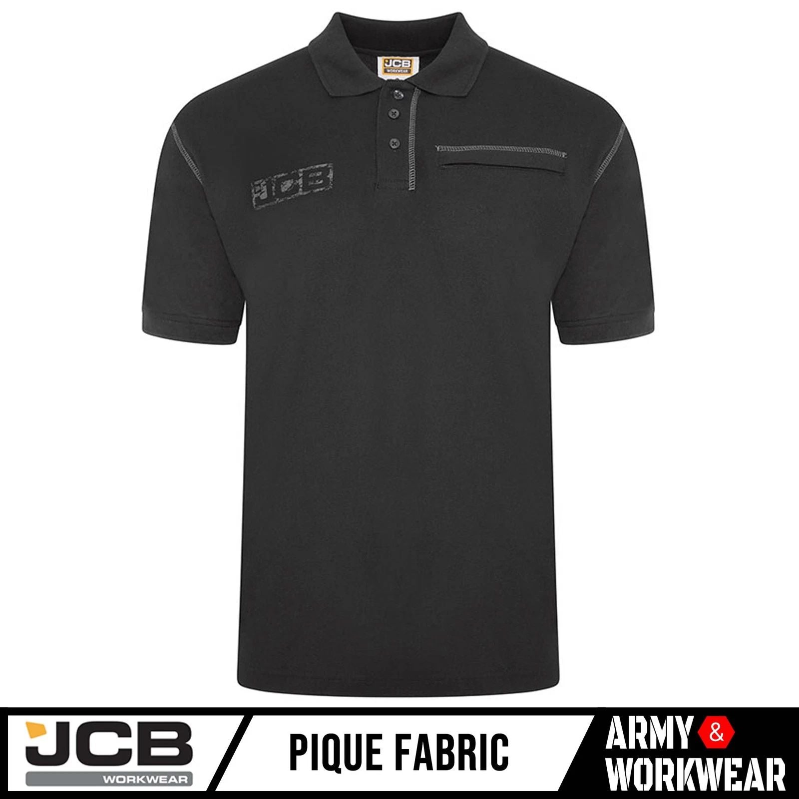 JCB Trade Work Polo Shirt Black, 3 Button, Collared, Phone pocket With Zip Black