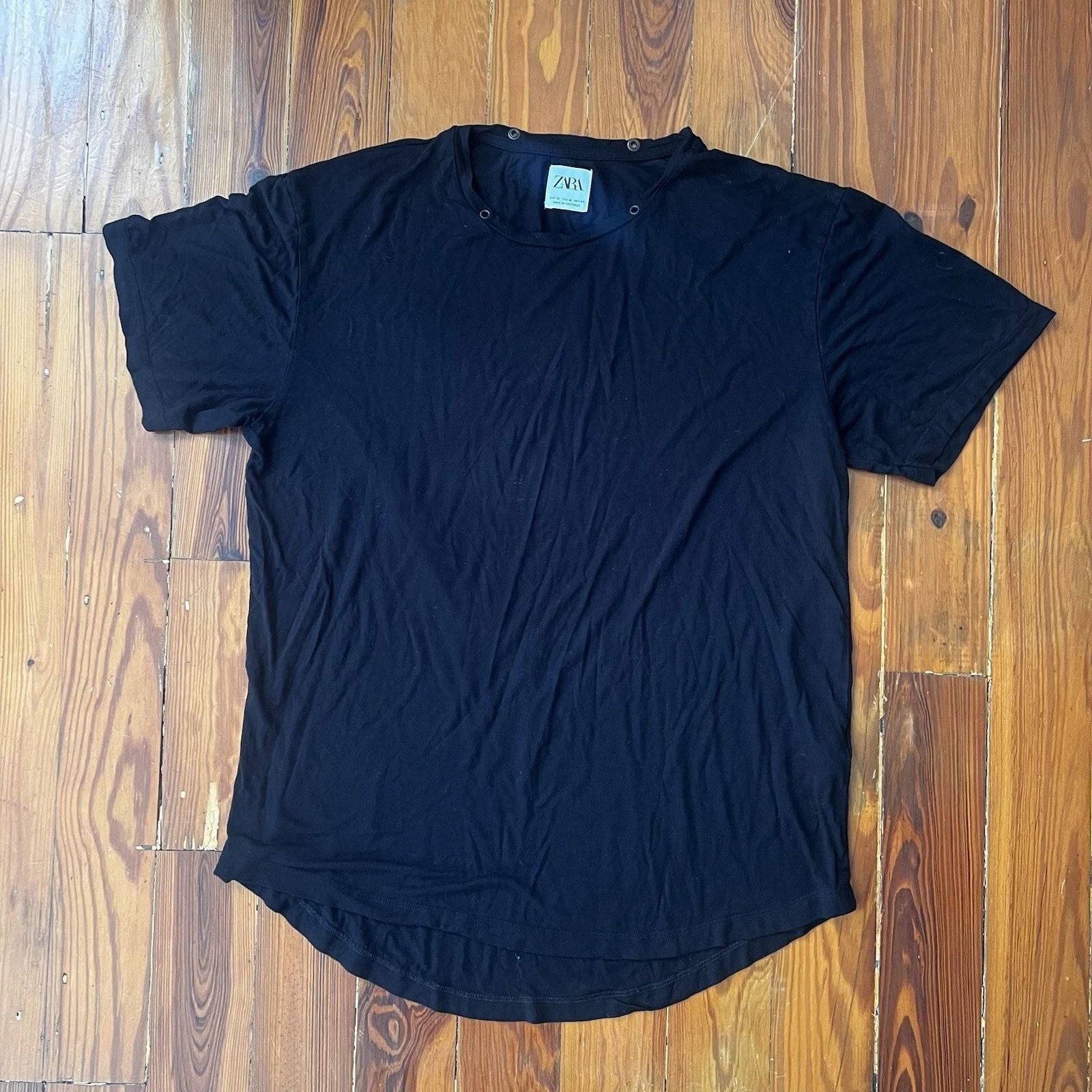 ZARA Men Slim Fit Crewneck T-Shirt Black Size M Made in Portugal Soft Viscose
