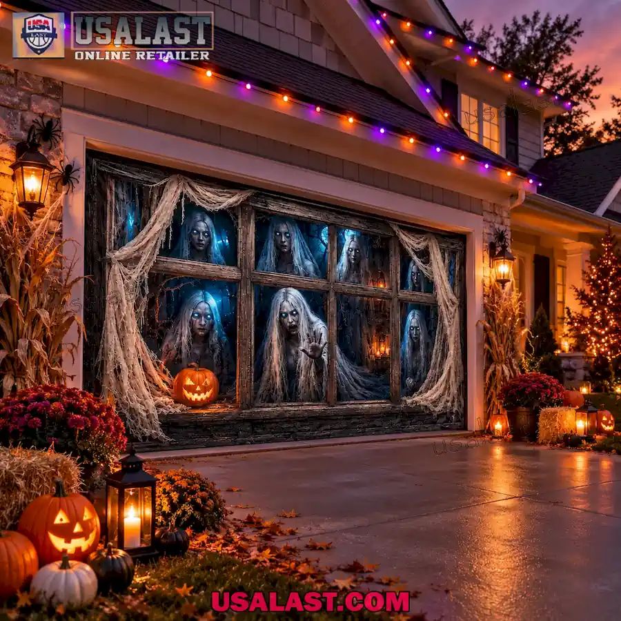 Haunted Window Spirits Halloween Garage Door Banner