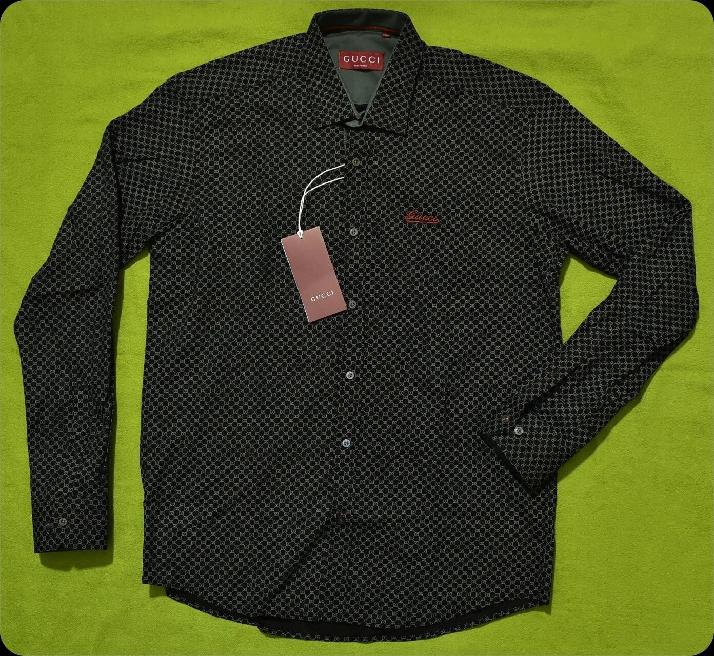 Men's BLACK Long Sleeve Button Down Double G Monogram Pure Cotton Shirt