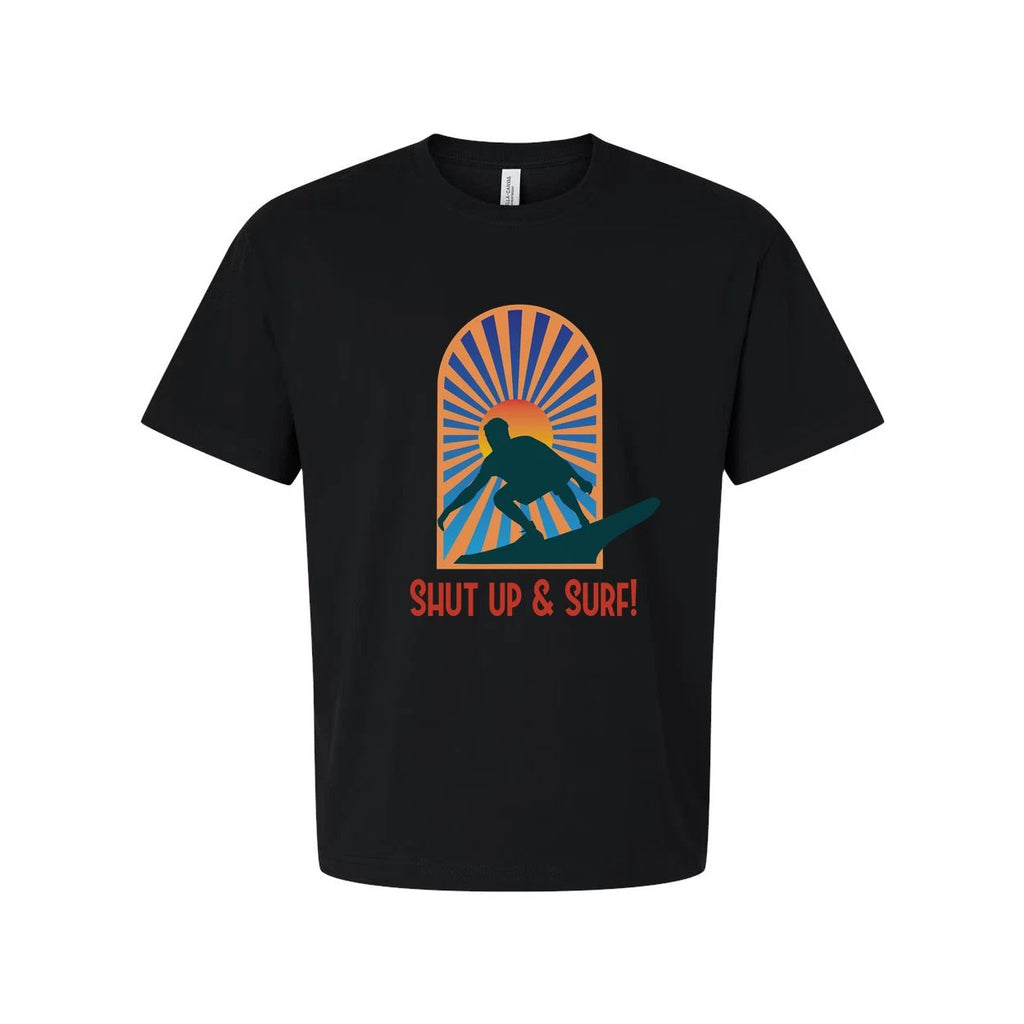 Unisex Surfing Graphic Tee With Sunburst Arch Silhouette Of Surfer And Retro Sty