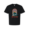 Unisex Surfing Graphic Tee With Sunburst Arch Silhouette Of Surfer And Retro Sty