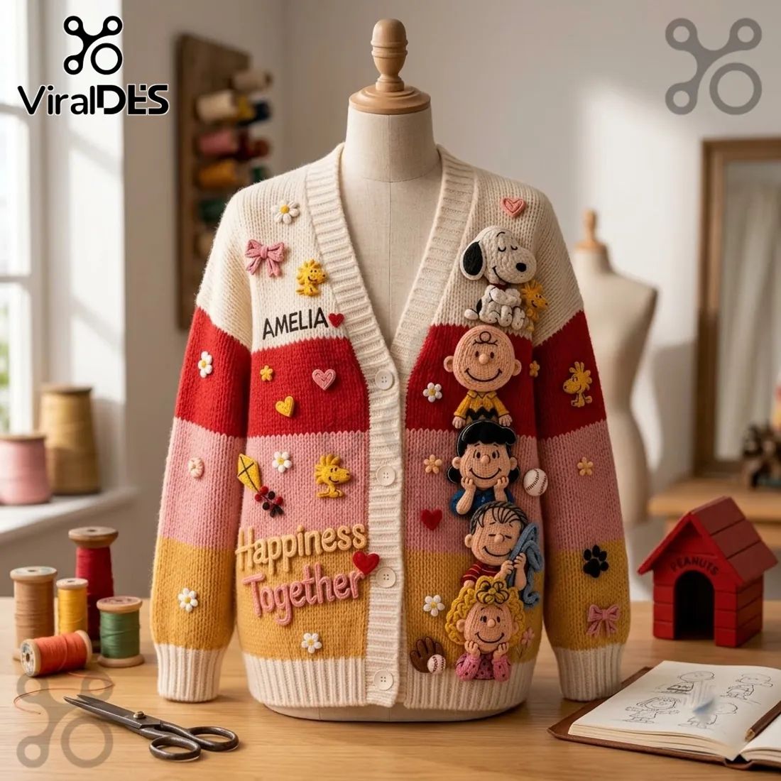 Peanuts Classic Comic Characters Embroidered Cardigan