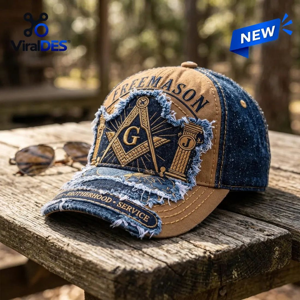Freemasonry Embroidered Denim Distressed Baseball Cap