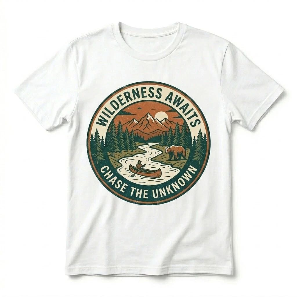 Wilderness Awaits T-Shirt Chase The Unknown Mountain Bear Canoe Vintage Nature T