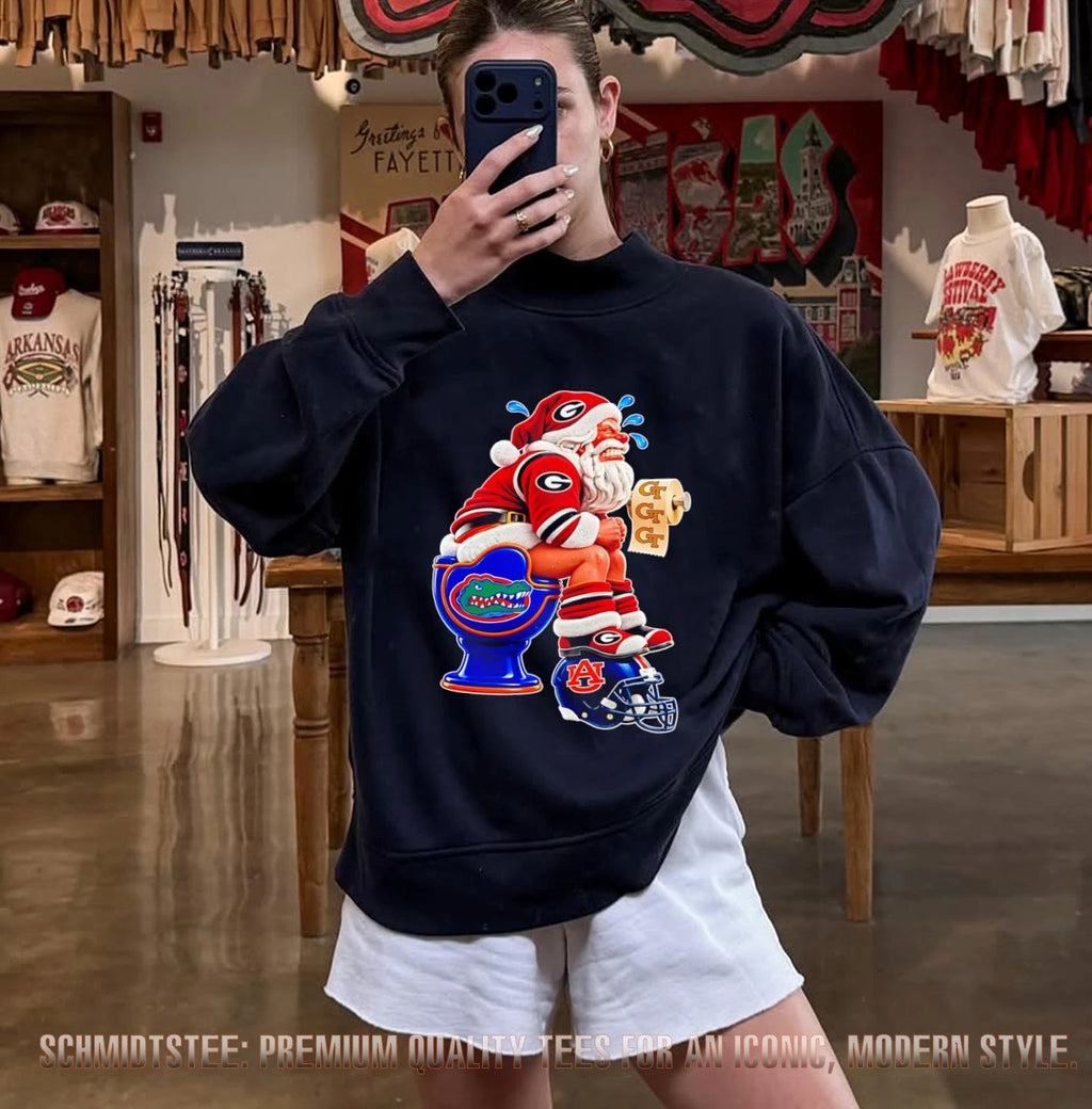 Georgia Bulldogs Santa Claus on Florida Gators Toilet with Georgia Tech Toilet Paper shirt