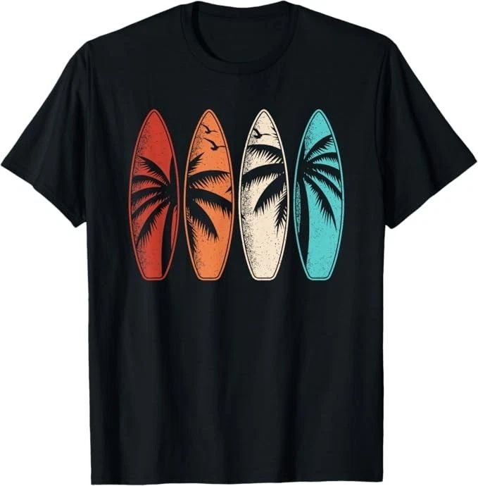 Tropical Hawaii Palm Tree Surfing Beach Surfboard Retro Surf T-Shirt