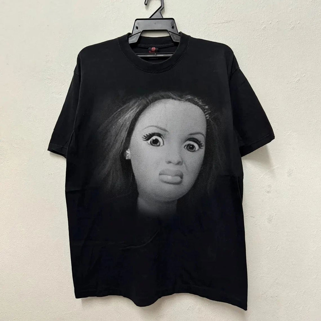 Vintage 90s Doll Face Meme Graphic T-Shirt, Trendy Sarcastic Tee