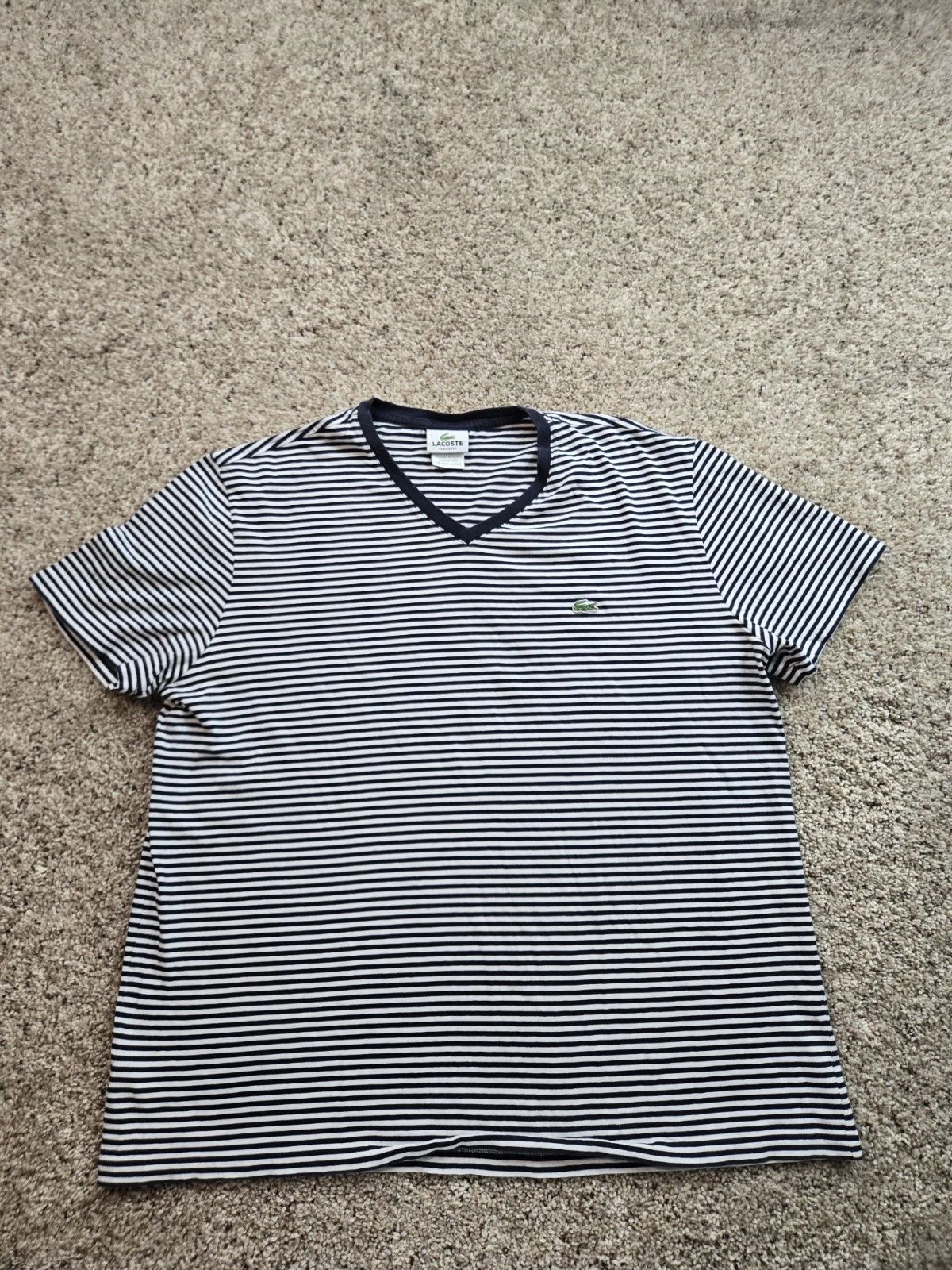 Lacoste T Shirt Mens 7 Purple Striped Short Sleeve Cotton V-Neck Casual
