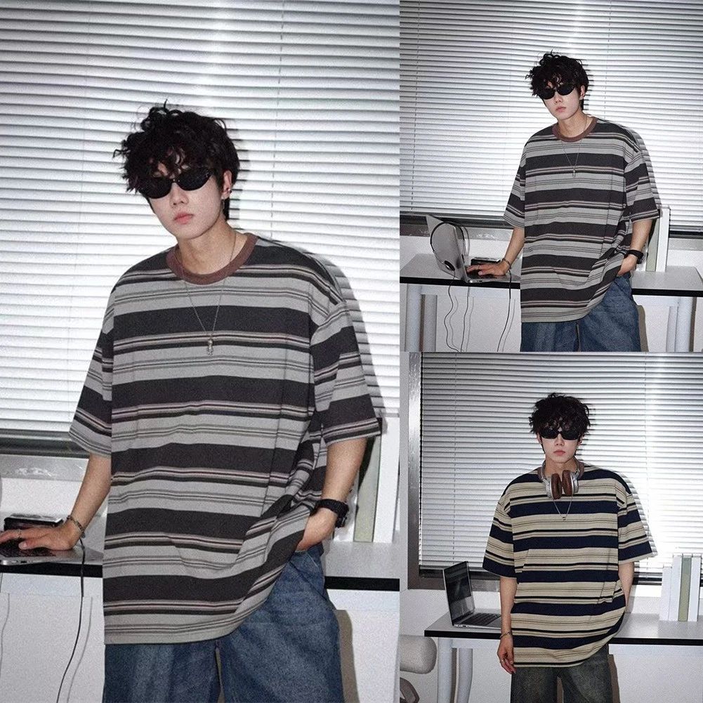 Men's Casual Round Neck Tshirt with Stripes for Daily and Holiday Wear