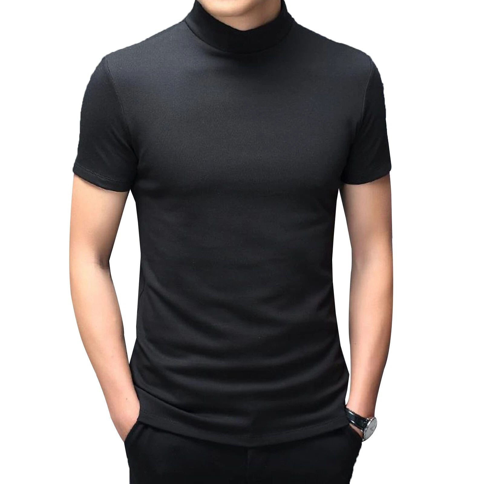 Men Stretch Slim Fit T-Shirt Short Sleeve Pullover Tee Lightweight Mock Neck AU