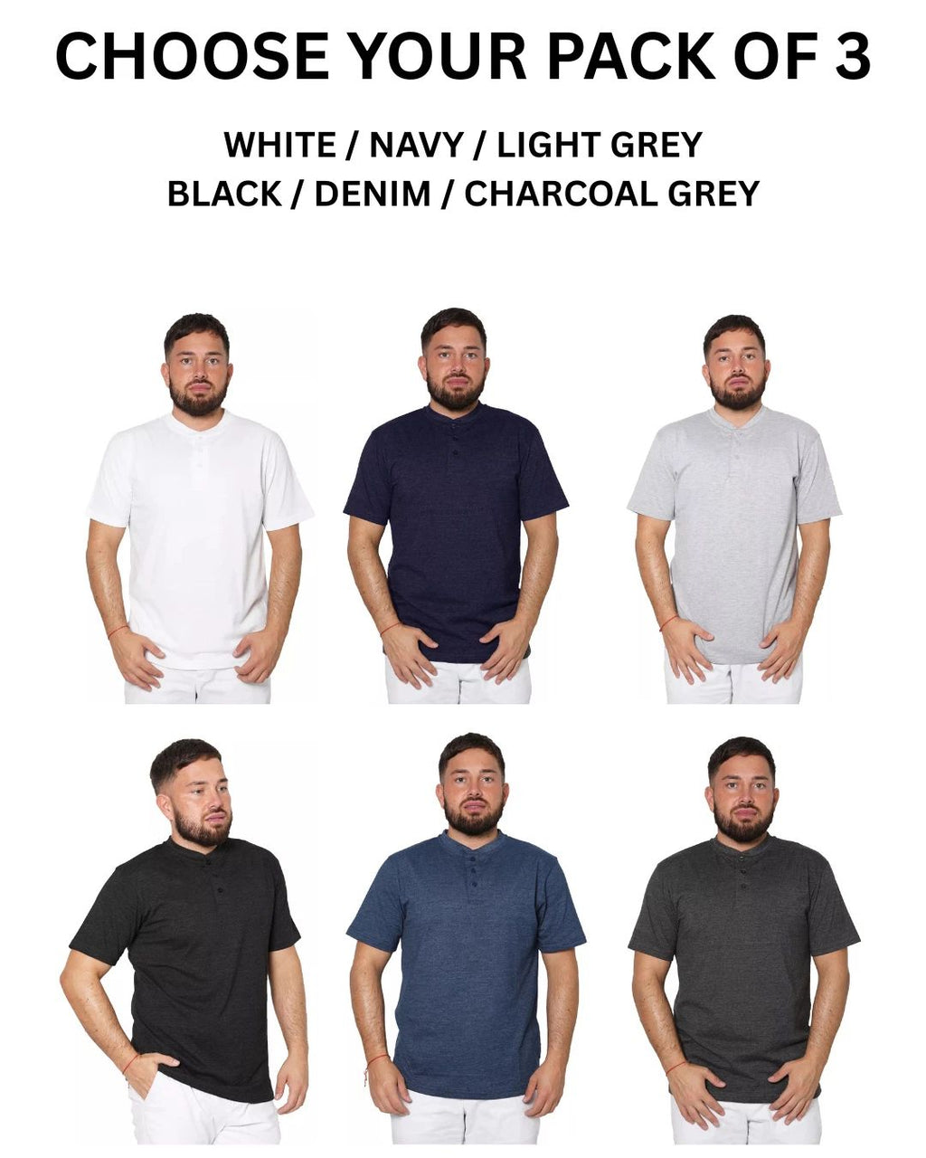 3x Mens Henley T-shirt Short Sleeve Plain Grandad Neck Tops Casual Summer (2245)