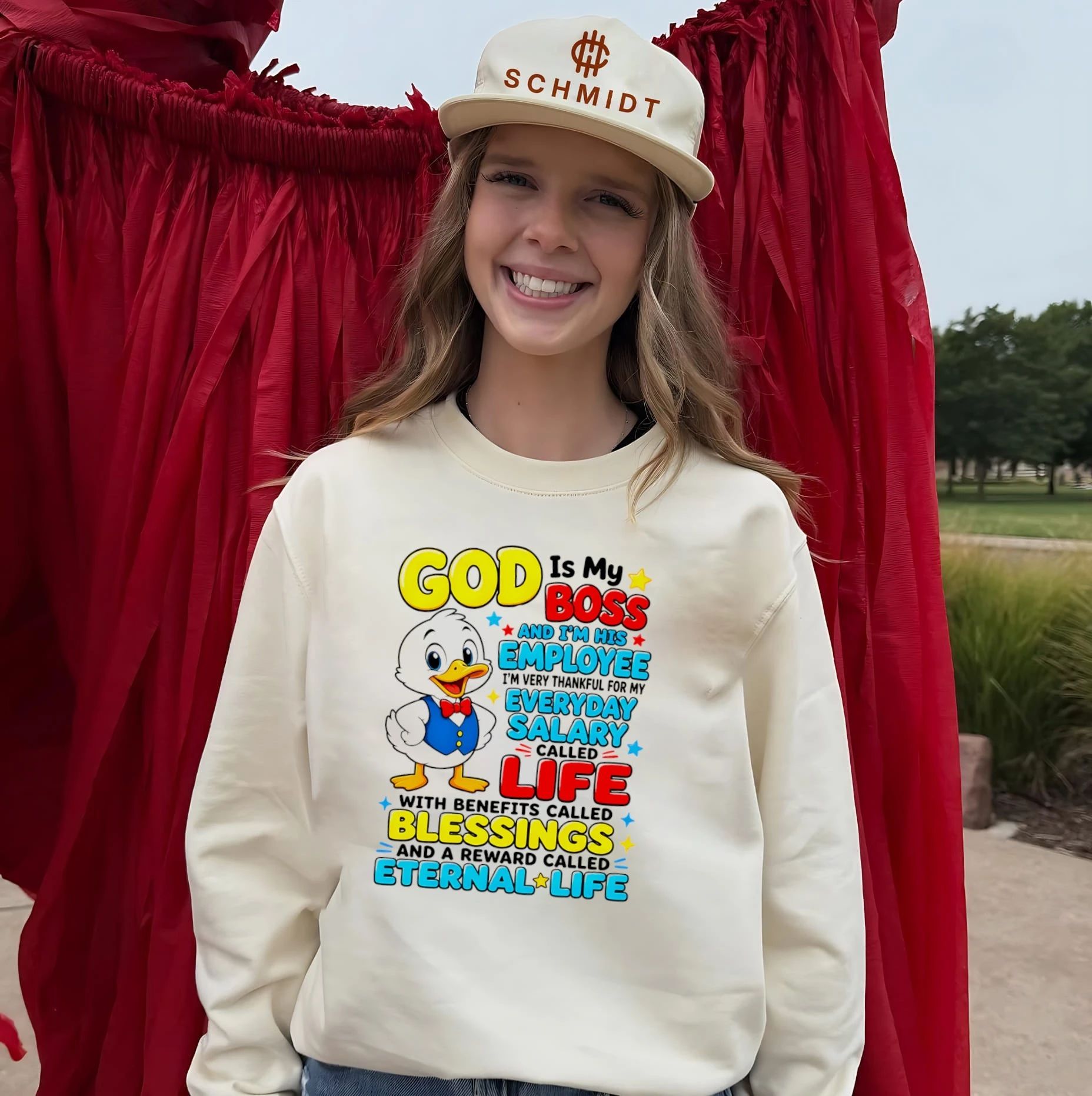 God is my boss and I’m his employee I’m very thankful for my everyday salary cartoon duck shirt