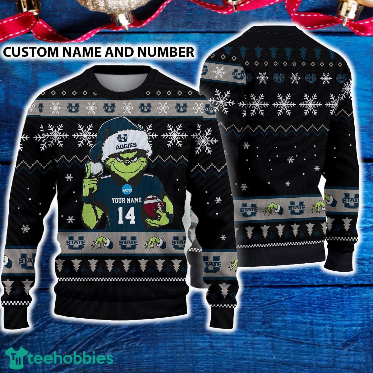 Utah State Aggies 3D Ugly Christmas Sweater Grinch Funny Custom Number And Name