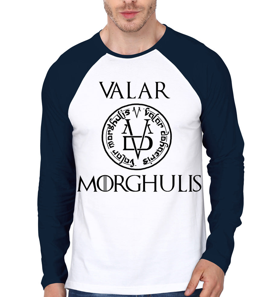 Valar Morghulis White And Navy Blue Raglan T-Shirt Hoodie, Sweatshirt | PureTeeCo.com