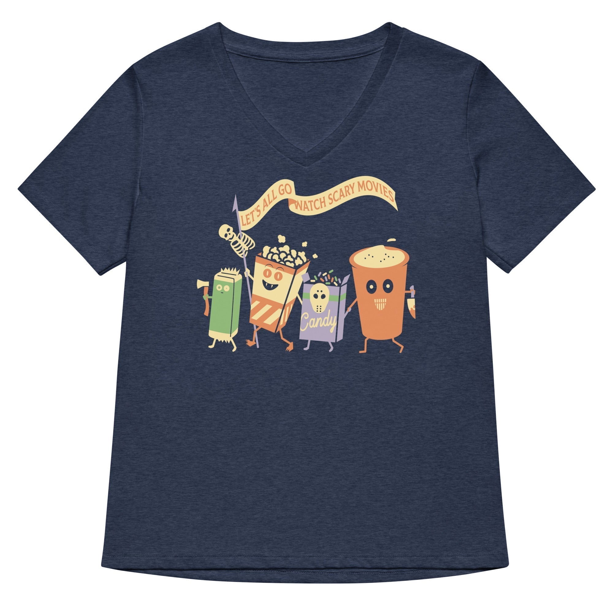 Let's All Go Watch Scary Movies Women's V-Neck Tee Hoodie, Sweatshirt | PureTeeCo.com (Image 2)