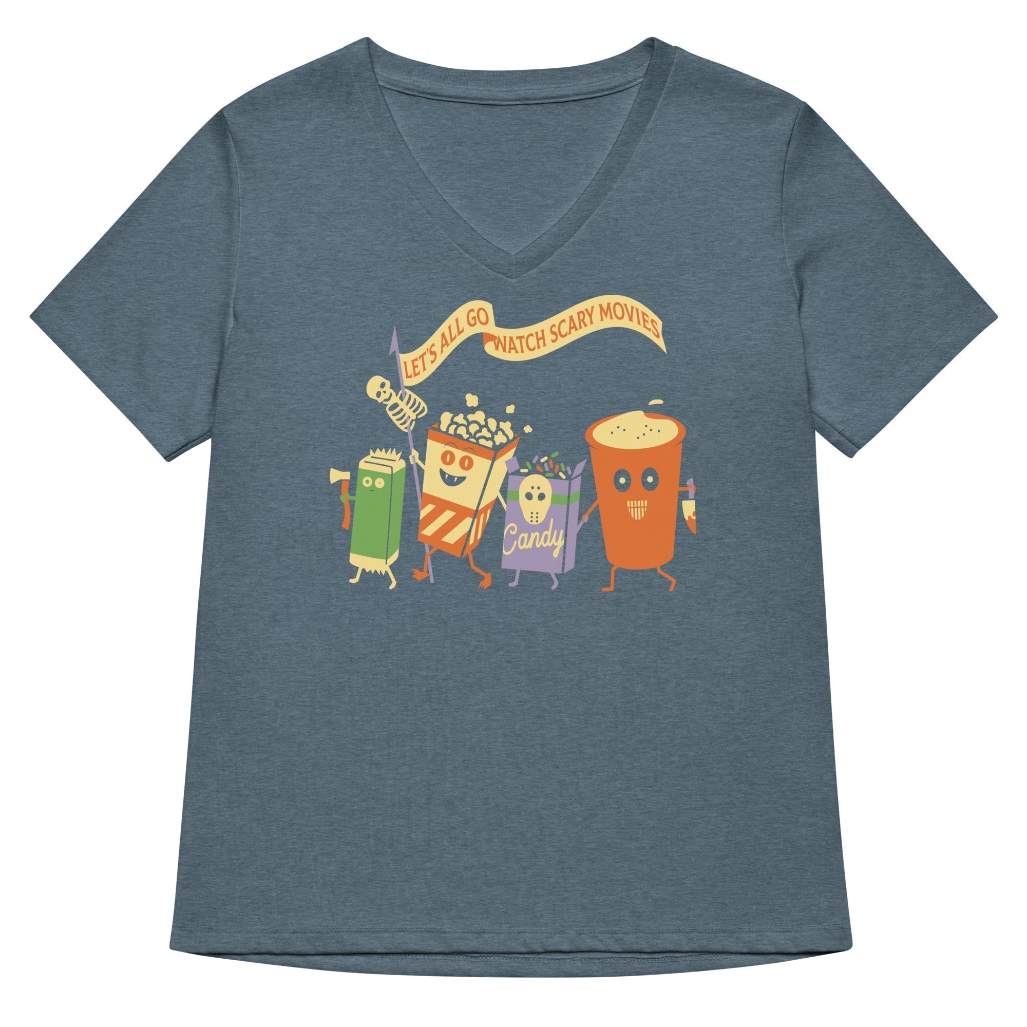 Let's All Go Watch Scary Movies Women's V-Neck Tee Hoodie, Sweatshirt | PureTeeCo.com (Image 4)