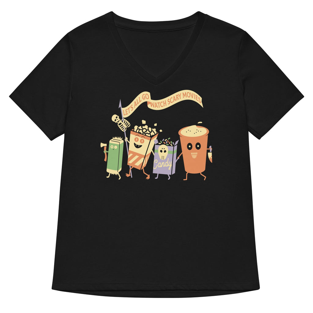 Let's All Go Watch Scary Movies Women's V-Neck Tee Hoodie, Sweatshirt | PureTeeCo.com (Image 1)