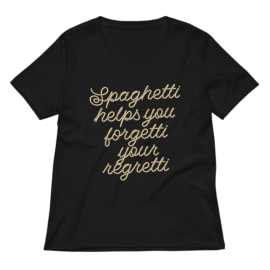 Spaghetti Helps You Forgetti Your Regretti Women's V-Neck Tee Hoodie, Sweatshirt | PureTeeCo.com (Image 1)