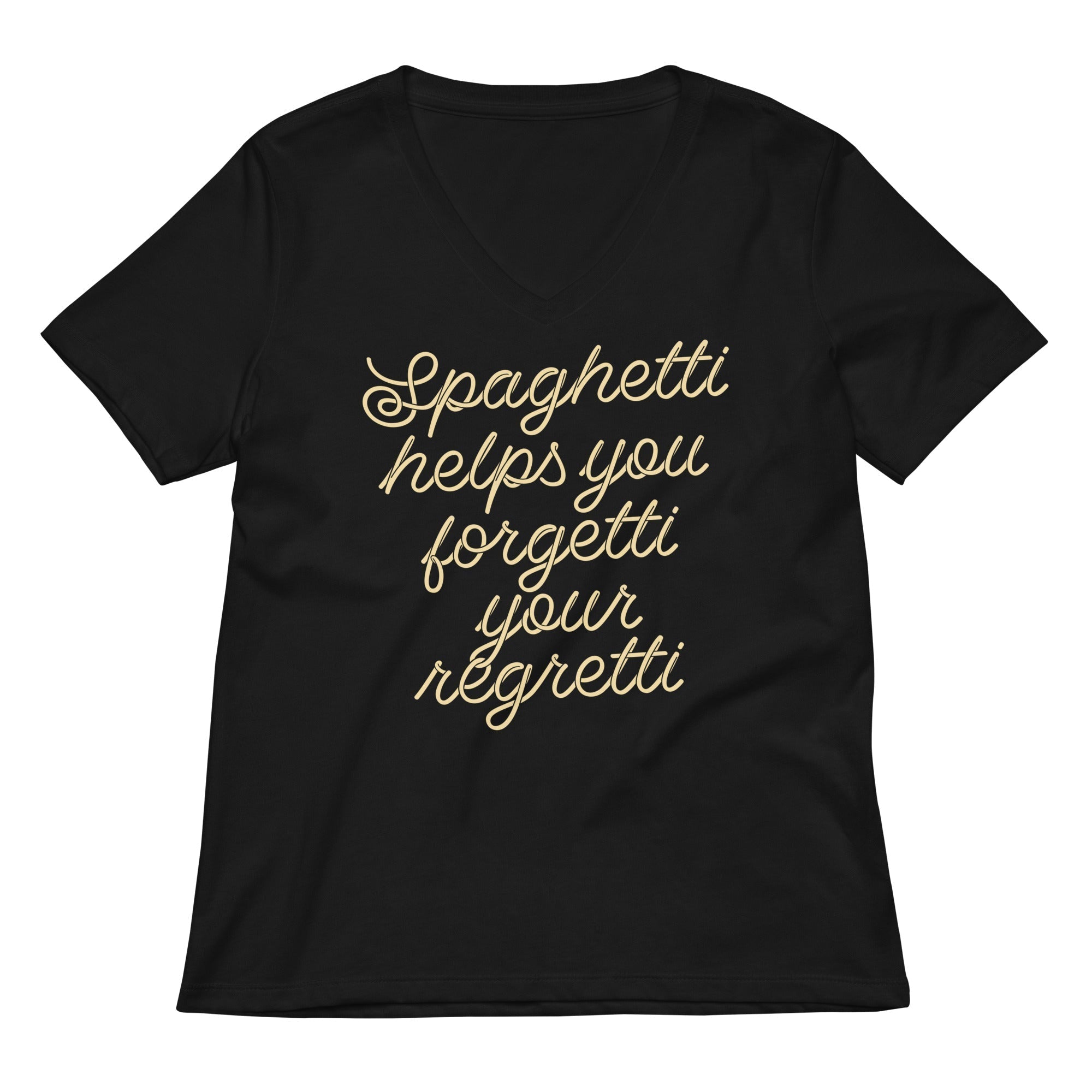 Spaghetti Helps You Forgetti Your Regretti Women's V-Neck Tee Hoodie, Sweatshirt | PureTeeCo.com (Image 1)