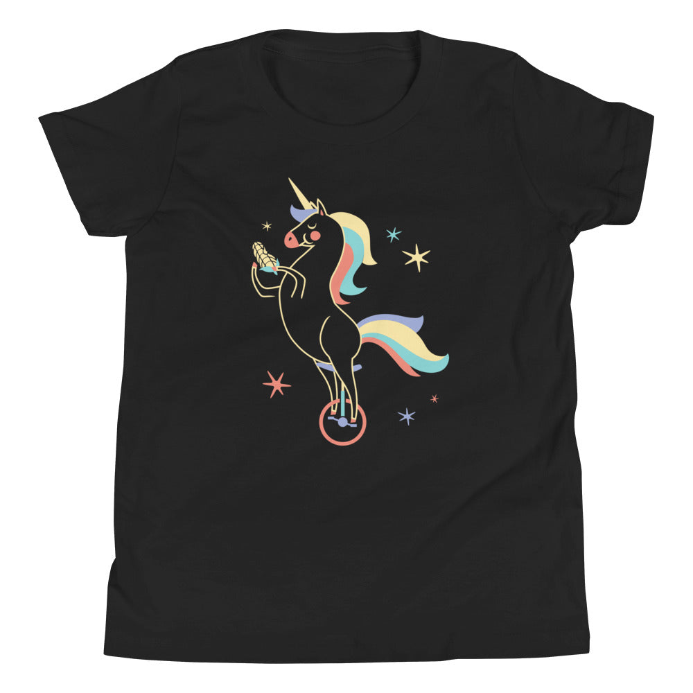 Unicycling Unicorn With Corn Kid's Youth Tee Hoodie, Sweatshirt | PureTeeCo.com (Image 1)